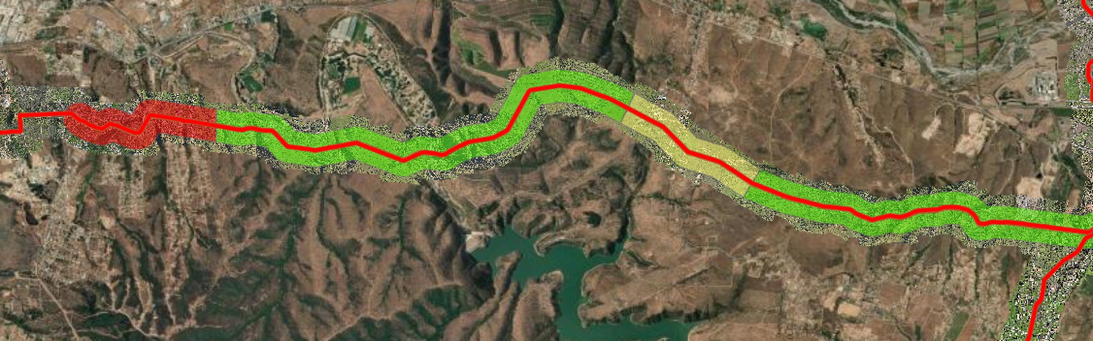 Traza de ducto con la franja de clasificación coloreada sobre imagen satelital